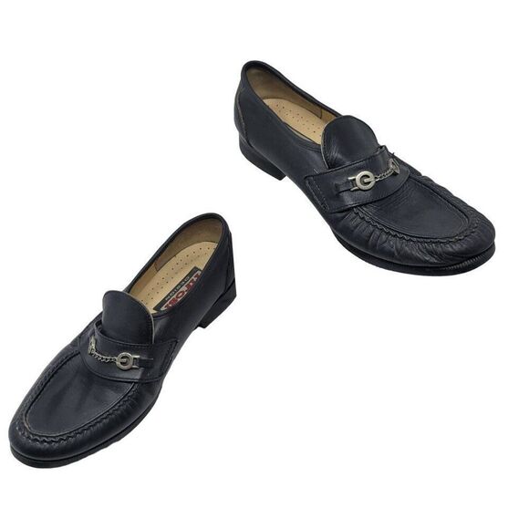 Womens Tifosi Design Black Leather Loafers Chain Detail 41 Wide Comfort Slip On - Picture 1 of 10